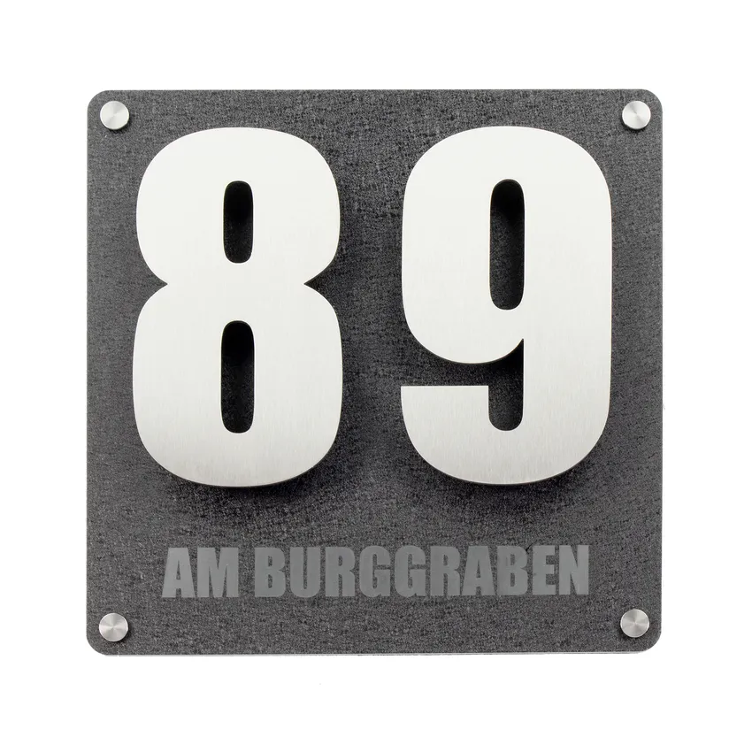 Edelstahl Hausnummer mit Gravur – 3D-Effekt & Anthrazit Dibond Design Impact