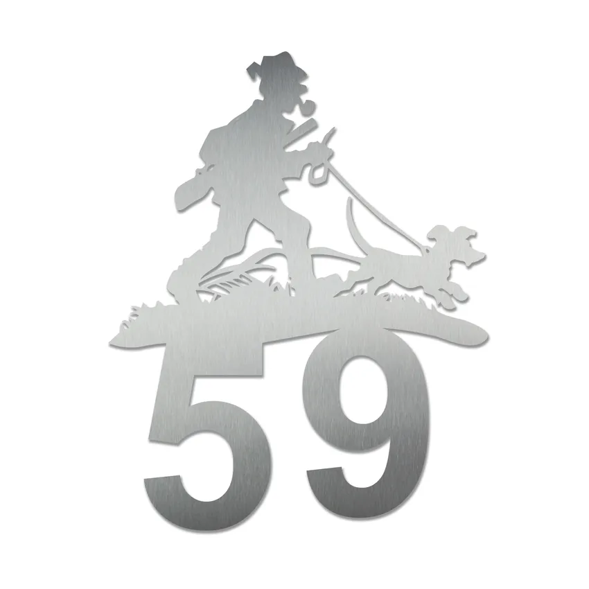 Edelstahl Hausnummer Jäger mit Hund