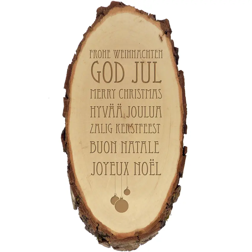 Weihnachtsdeko Baumscheibe mit Gravur Hochformat - Wunschtext und Symbol