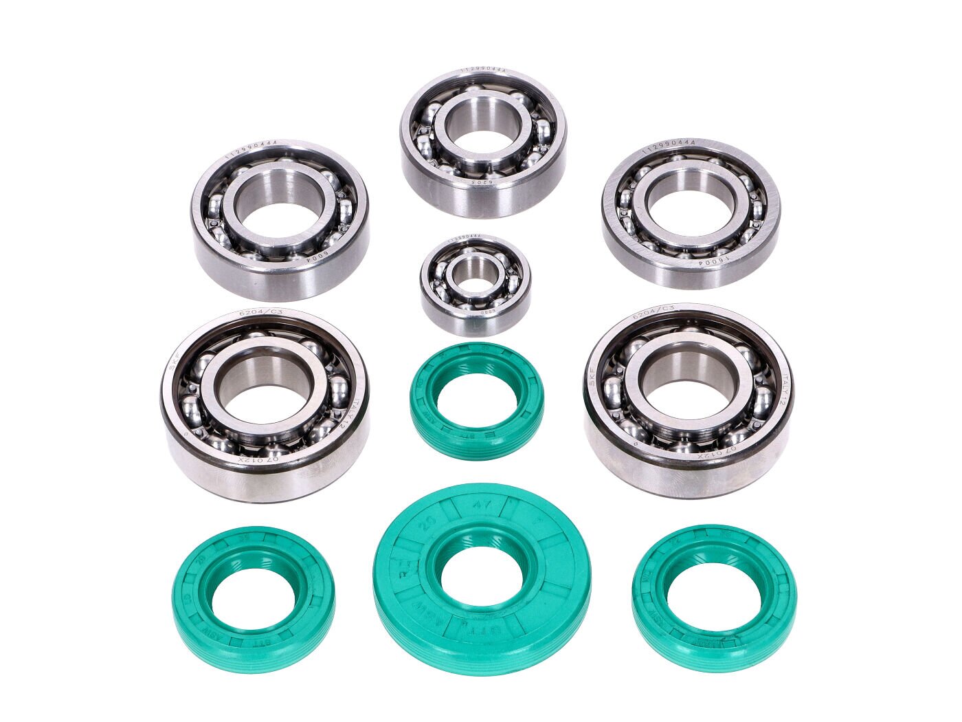 Lagersatz Metallkäfig C3 + FKM Wellendichtringen Schmitt Evolution mit Drallrichtung Simson M500