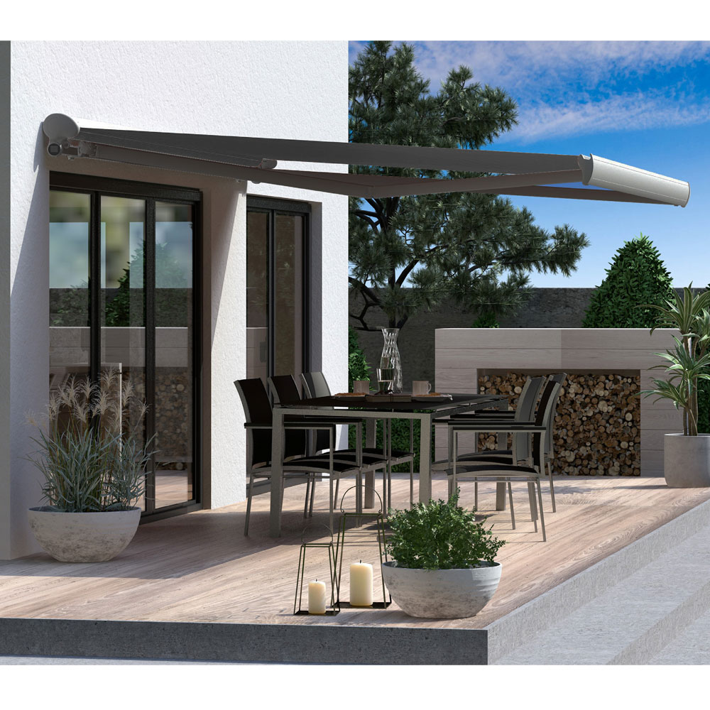 Halbkassettenmarkise H-Fine | 5x2 m | Stoff: dunkelgrau | Gestell: Graualu | Bedienung: Kurbelantrieb