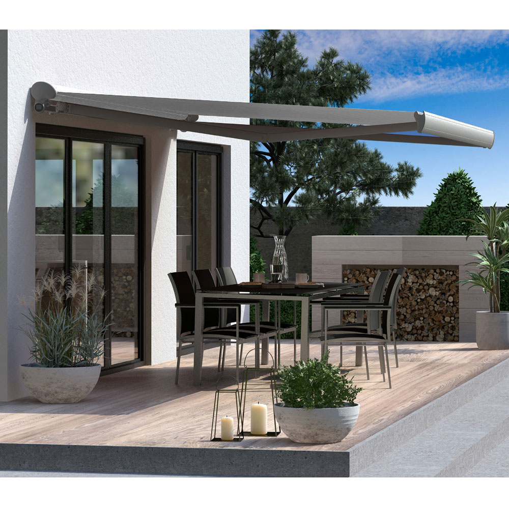 Halbkassettenmarkise H-Fine | 6x3 m | Stoff: grau meliert | Gestell: Graualu | Bedienung: Kurbelantrieb