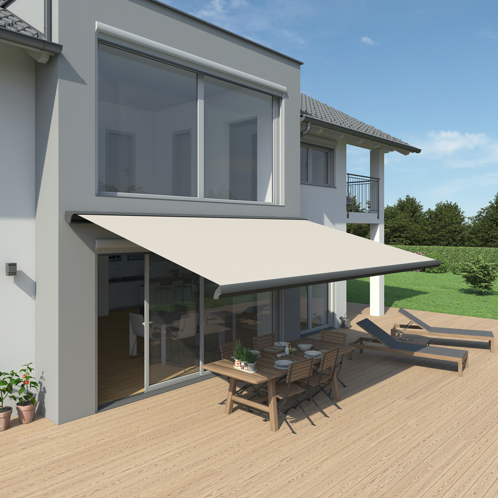 Vollkassettenmarkise K-Major | 6x3 m | Stoff: Uni, elfenbein | Gestell: Anthrazit | SOWERO Vollkassettenmarkise Funkmotor inkl. Handsender