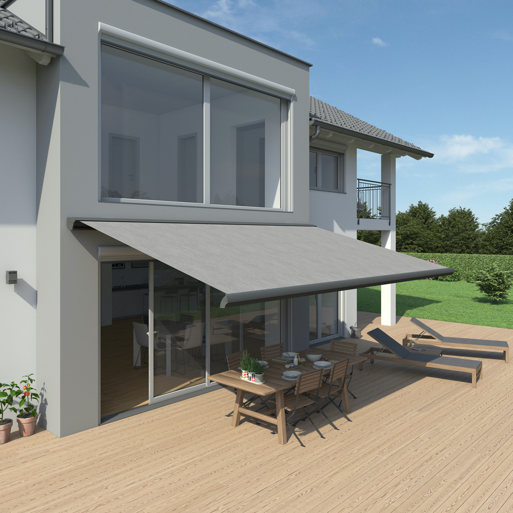 Vollkassettenmarkise K-Major | 6x4 m | Stoff: Uni, grau meliert | Gestell: Anthrazit | SOWERO Vollkassettenmarkise Funkmotor inkl. Handsender