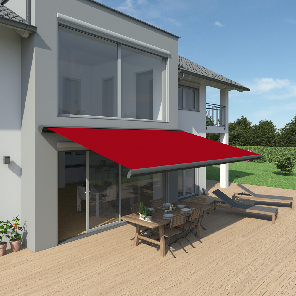 Vollkassettenmarkise K-Major | 5,5x3 m | Stoff: Uni, rot | Gestell: Anthrazit | SOWERO Vollkassettenmarkise Funkmotor inkl. Handsender
