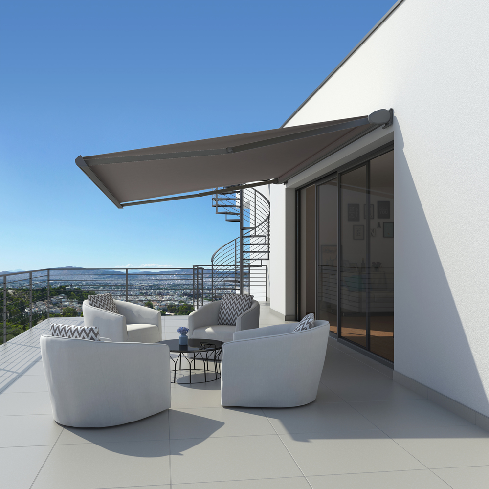 Kassettenmarkise K300-Basic | 5x3 m | Stoff: Uni, anthrazit | Gestell: Anthrazit | SOWERO Kassettenmarkise Funkmotor inkl. Handsender