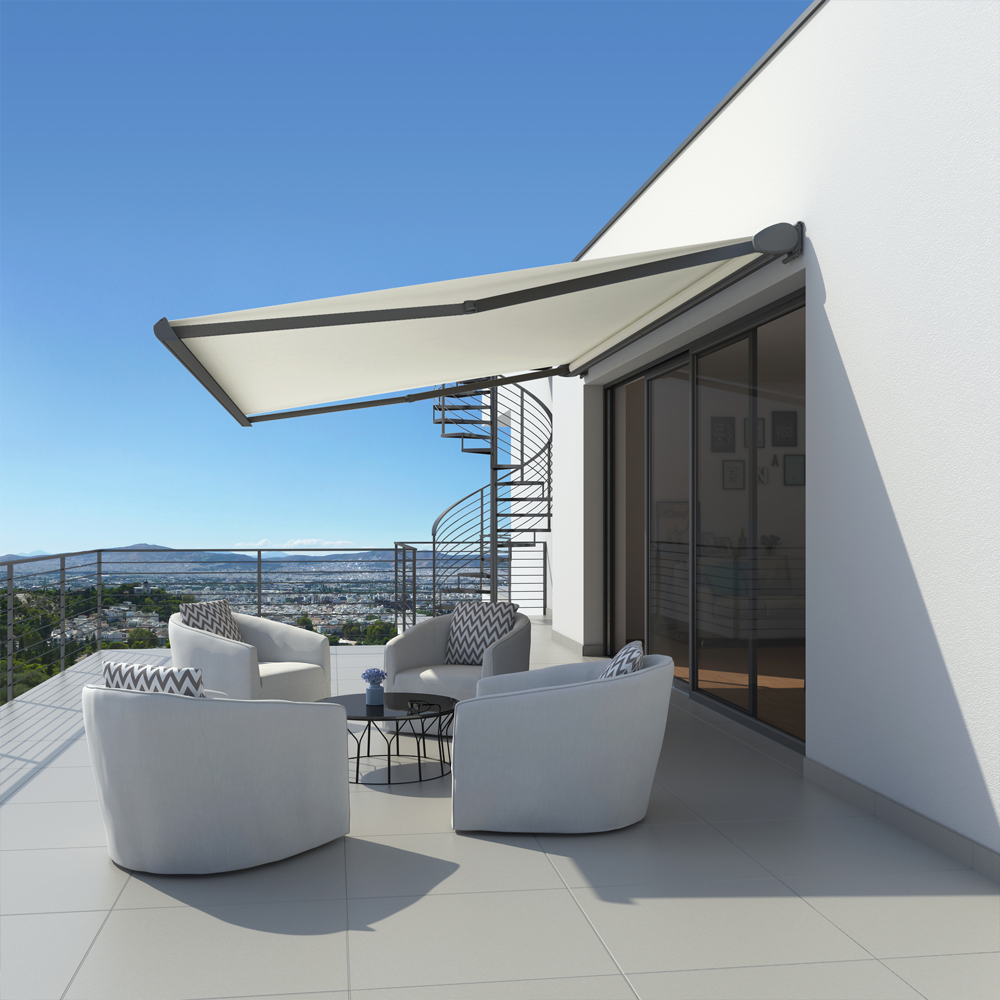 Kassettenmarkise K300-Basic | 3,5x3 m | Stoff: Uni, elfenbein | Gestell: Anthrazit | SOWERO Kassettenmarkise Funkmotor inkl. Handsender