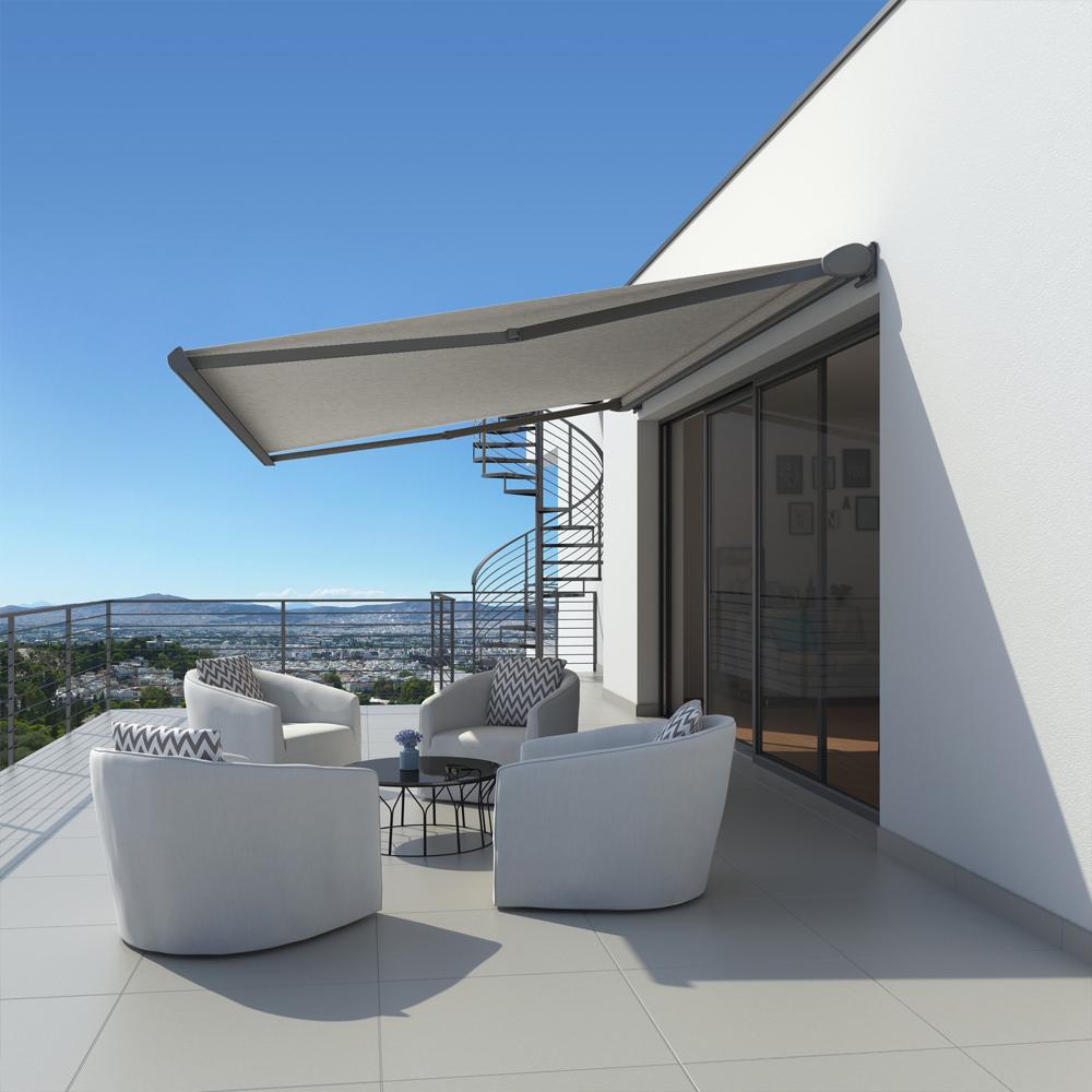 Kassettenmarkise K300-Basic | 5x3 m | Stoff: Uni, grau meliert | Gestell: Anthrazit | SOWERO Kassettenmarkise Funkmotor inkl. Handsender