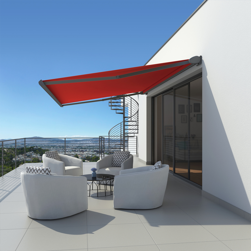 Kassettenmarkise K300-Basic | 3,5x3 m | Stoff: Uni, rot | Gestell: Anthrazit | SOWERO Kassettenmarkise Funkmotor inkl. Handsender