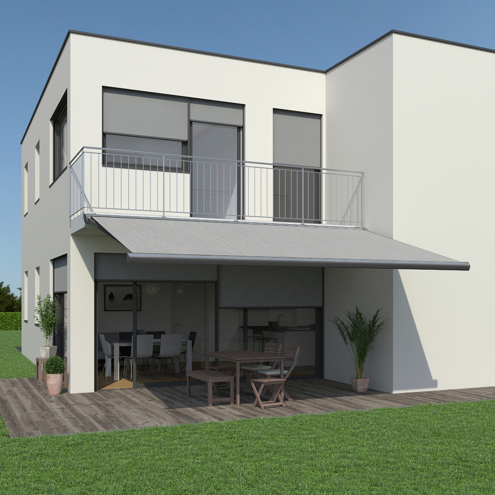 Vollkassettenmarkise K300-PRO | 3,5x3 m | Stoff: Uni, grau meliert | Gestell: Anthrazit | SOWERO Vollkassettenmarkise Funkmotor inkl. Handsender