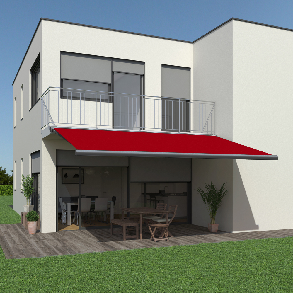 Vollkassettenmarkise K300-PRO | 3,5x3 m | Stoff: Uni, rot | Gestell: Anthrazit | SOWERO Vollkassettenmarkise Funkmotor inkl. Handsender