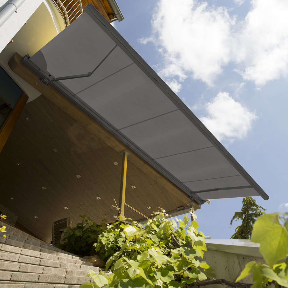 Vollkassettenmarkise K350-DELUXE | 5,5x3 m | Stoff: Uni, anthrazit | Gestell: Anthrazit | SOWERO Vollkassettenmarkise Funkmotor inkl. Handsender