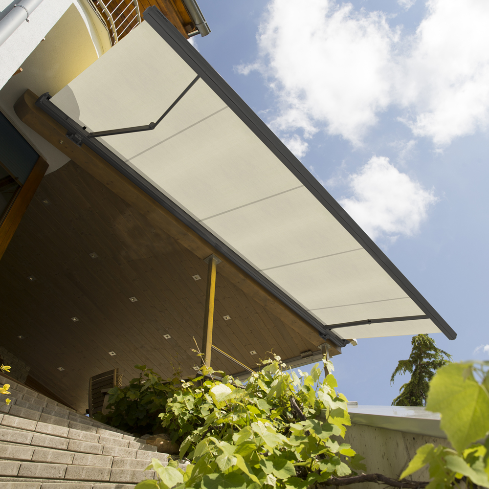 Vollkassettenmarkise K350-DELUXE | 4,5x3,5 m | Stoff: Uni, elfenbein | Gestell: Anthrazit | SOWERO Vollkassettenmarkise Funkmotor inkl. Handsender