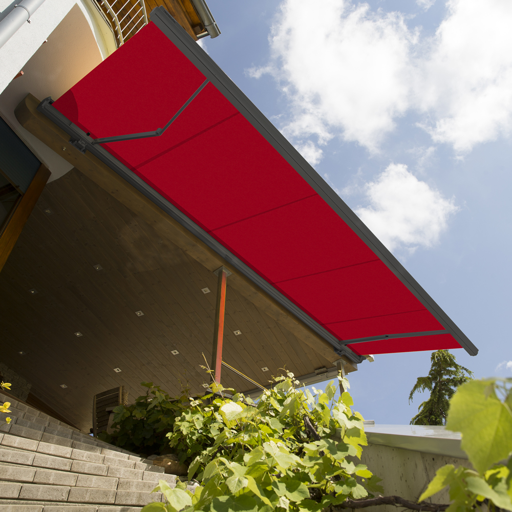 Vollkassettenmarkise K350-DELUXE | 5,5x3 m | Stoff: Uni, rot | Gestell: Anthrazit | SOWERO Vollkassettenmarkise Funkmotor inkl. Handsender