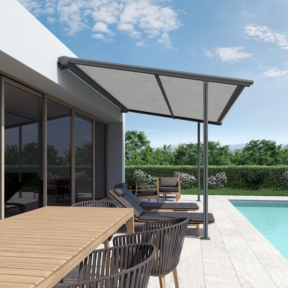 Pergolamarkise Pergo-ST | 4x4 m | Stoff: Uni, grau meliert | Gestell: Anthrazit | SOWERO Pergolamarkise Funkmotor inkl. Handsender