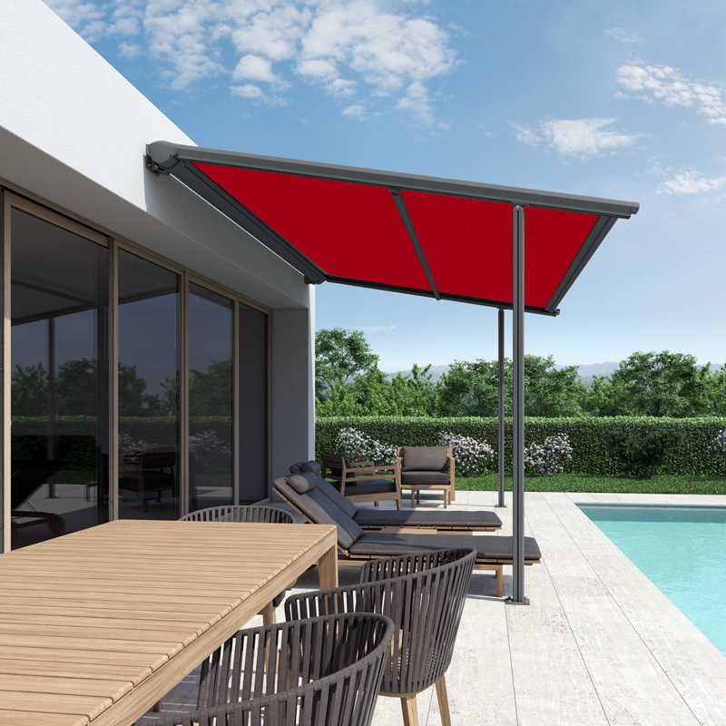 Pergolamarkise Pergo-ST | 6x5 m | Stoff: Uni, rot | Gestell: Anthrazit | SOWERO Pergolamarkise Funkmotor inkl. Handsender
