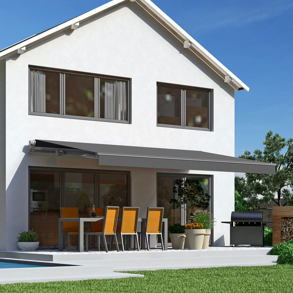 Offene Gelenkarmmarkise S-Fine | 4x2 m | Stoff: dunkelgrau | Gestell: Graualu | Bedienung: Kurbelantrieb