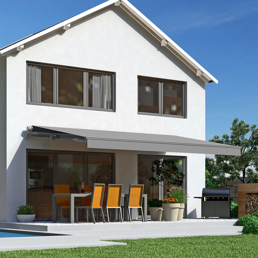 Offene Gelenkarmmarkise S-Fine | 5x2 m | Stoff: grau meliert | Gestell: Graualu | Bedienung: Funkmotor inkl. Handsender