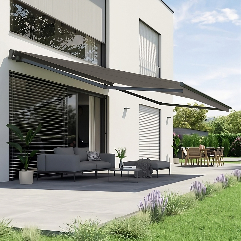 Gelenkarmmarkise S-Major | 6,5x4 m | Stoff: Uni, anthrazit | Gestell: Anthrazit | SOWERO Gelenkarmmarkise Funkmotor inkl. Handsender