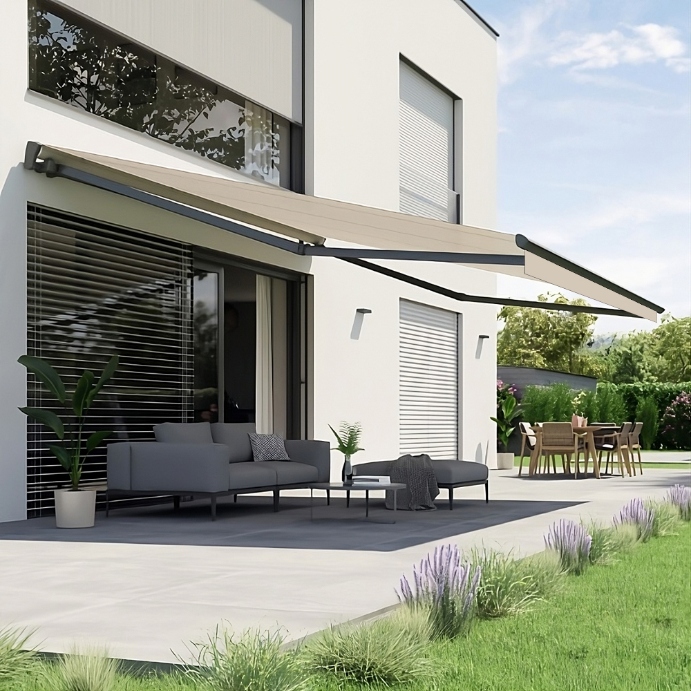 Gelenkarmmarkise S-Major | 6x3,5 m | Stoff: Uni, elfenbein | Gestell: Anthrazit | SOWERO Gelenkarmmarkise Funkmotor inkl. Handsender
