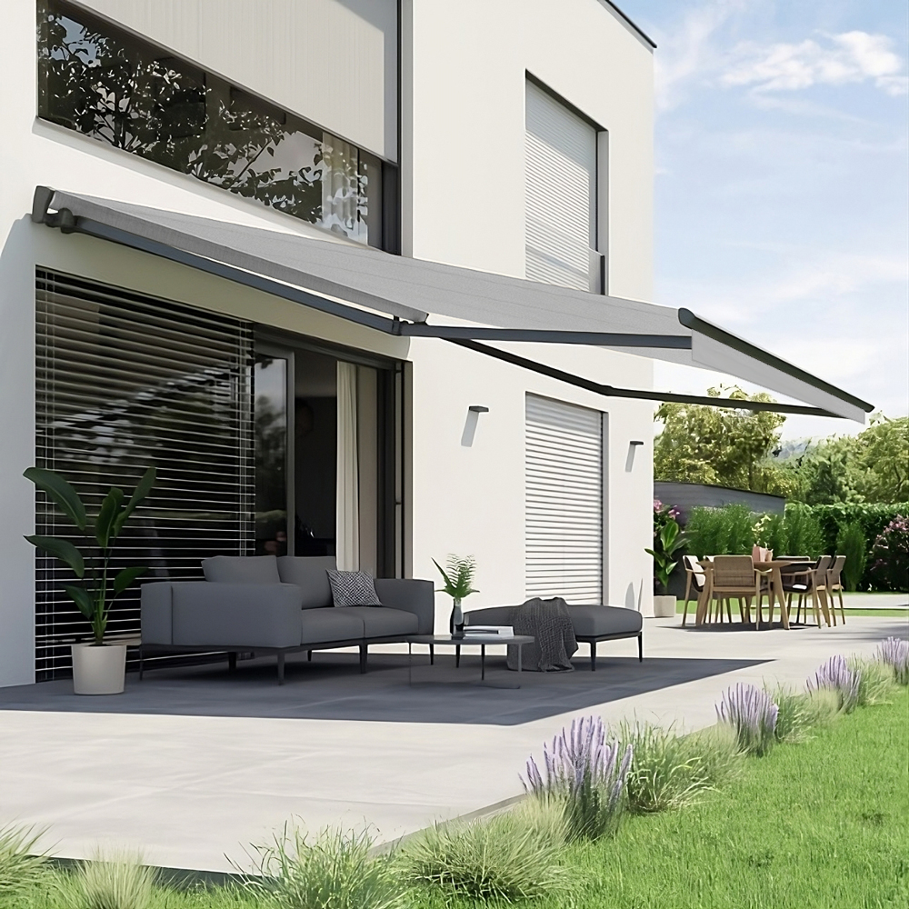 Gelenkarmmarkise S-Major | 4x3 m | Stoff: Uni, grau meliert | Gestell: Anthrazit | SOWERO Gelenkarmmarkise Funkmotor inkl. Handsender