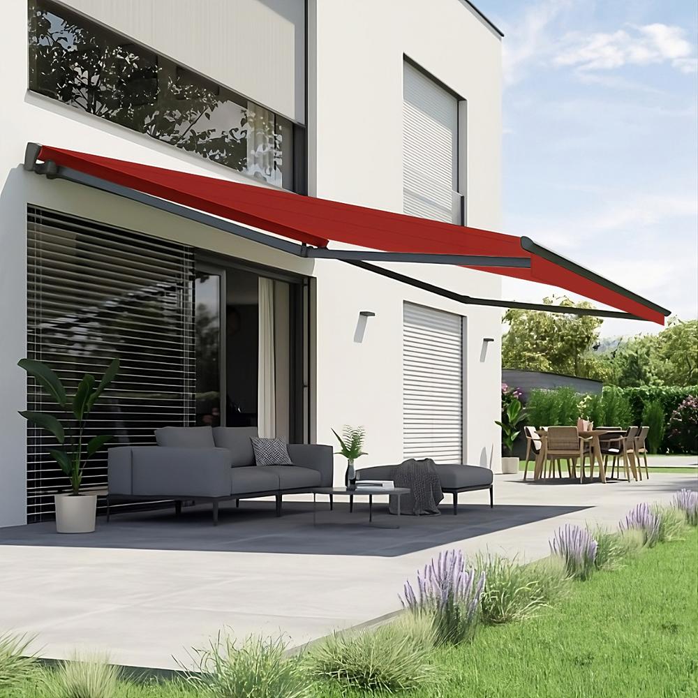 Gelenkarmmarkise S-Major | 6,5x3 m | Stoff: Uni, rot | Gestell: Anthrazit | SOWERO Gelenkarmmarkise Funkmotor inkl. Handsender