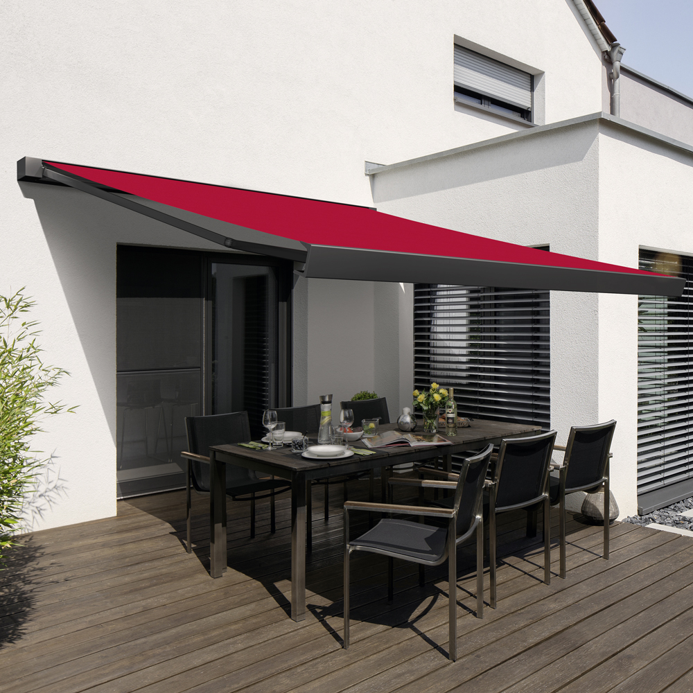 WAREMA Kassettenmarkise Terrea K50 | 3x2,5 m | Stoff: rot | Gestell: Anthrazit | Bedienung: WMS Funkmotor inkl. Handsender