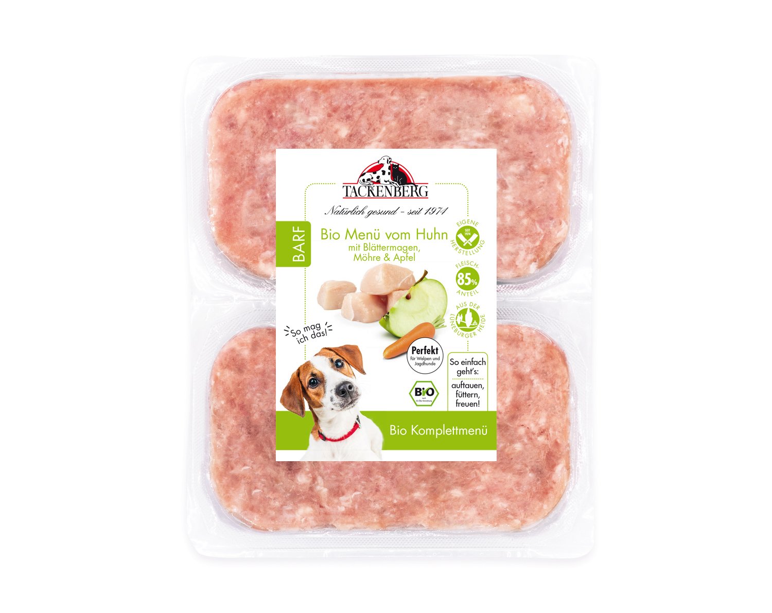 Bio BARF Menü Huhn & Blättermagen für Hunde - 14 x 500 g - Premiumqualität von Tackenberg