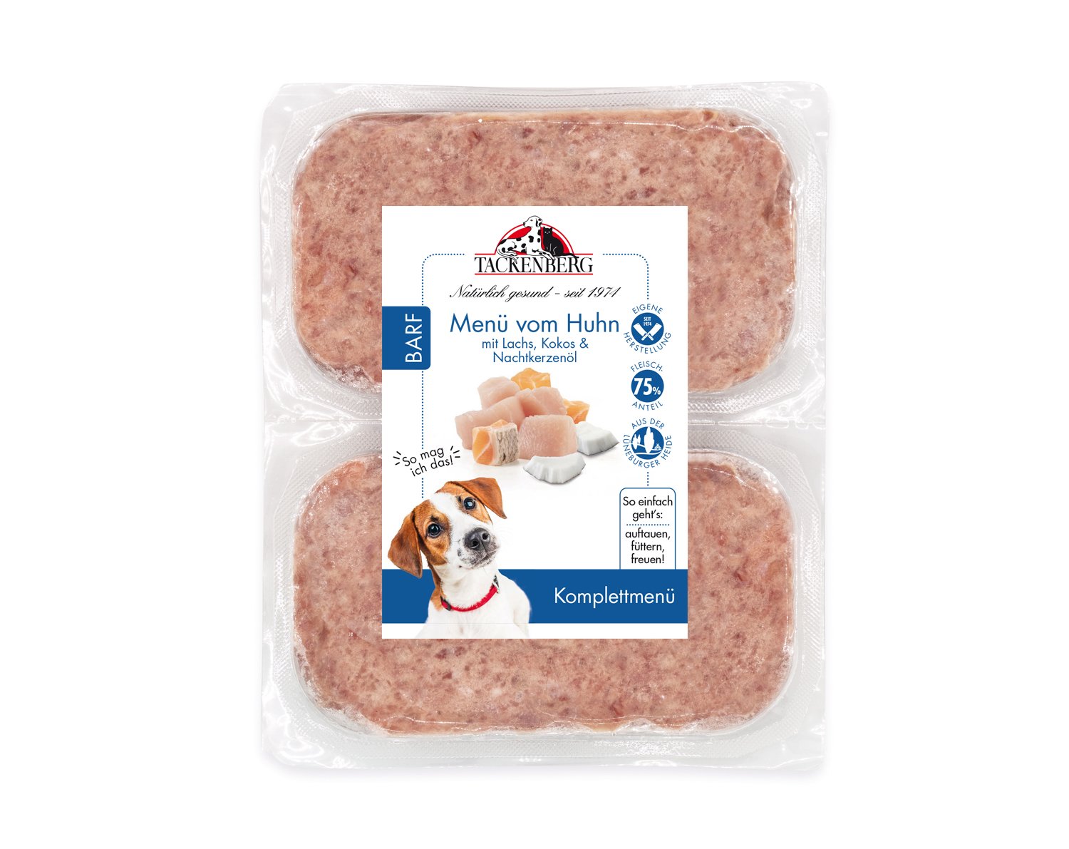 BARF-Menü Hühnchen mit Lachs & Kokos für Hunde - 500 g - Premiumqualität von Tackenberg