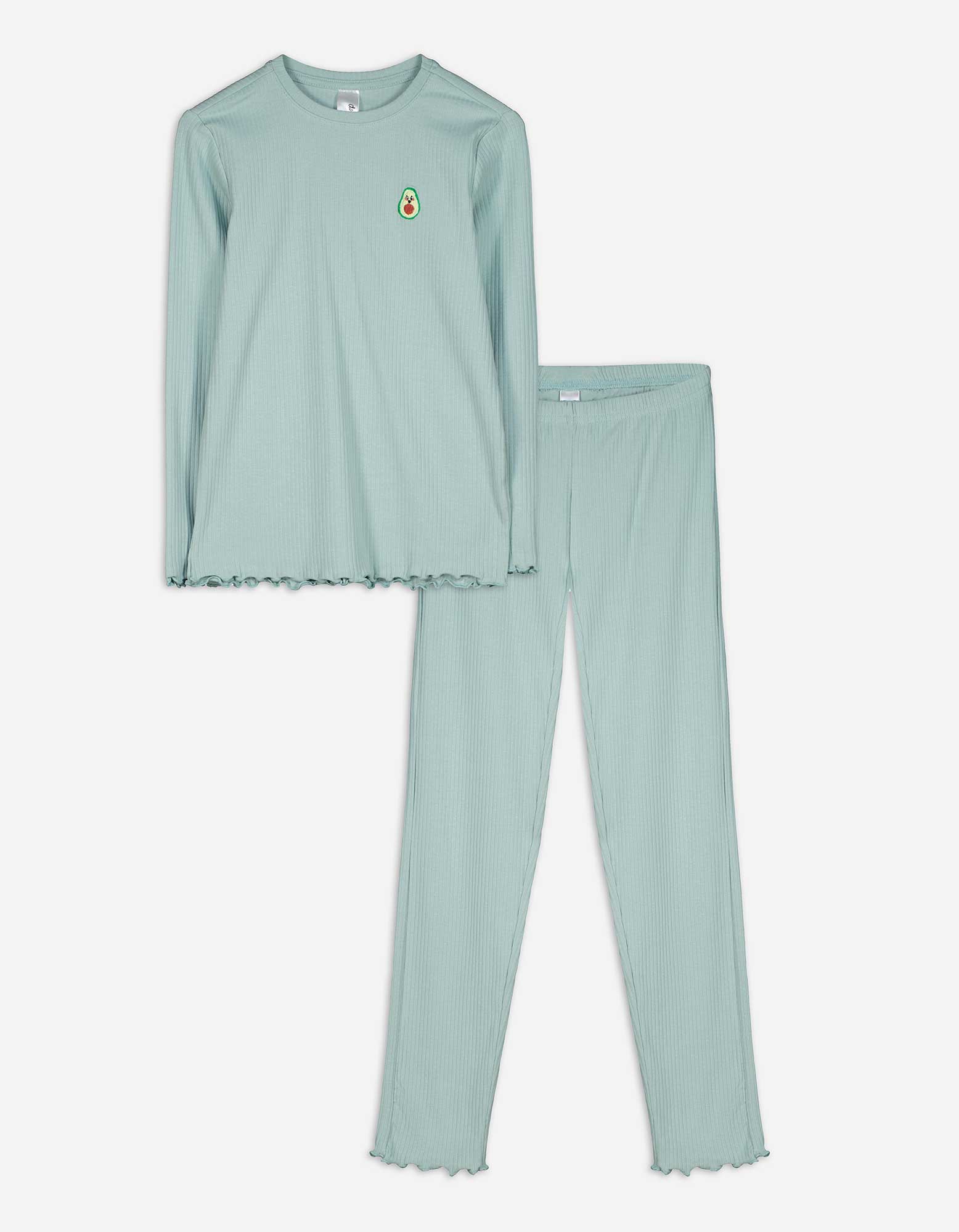 Pyjama Set aus Langarmshirt und Hose - Muschelsaum - grün