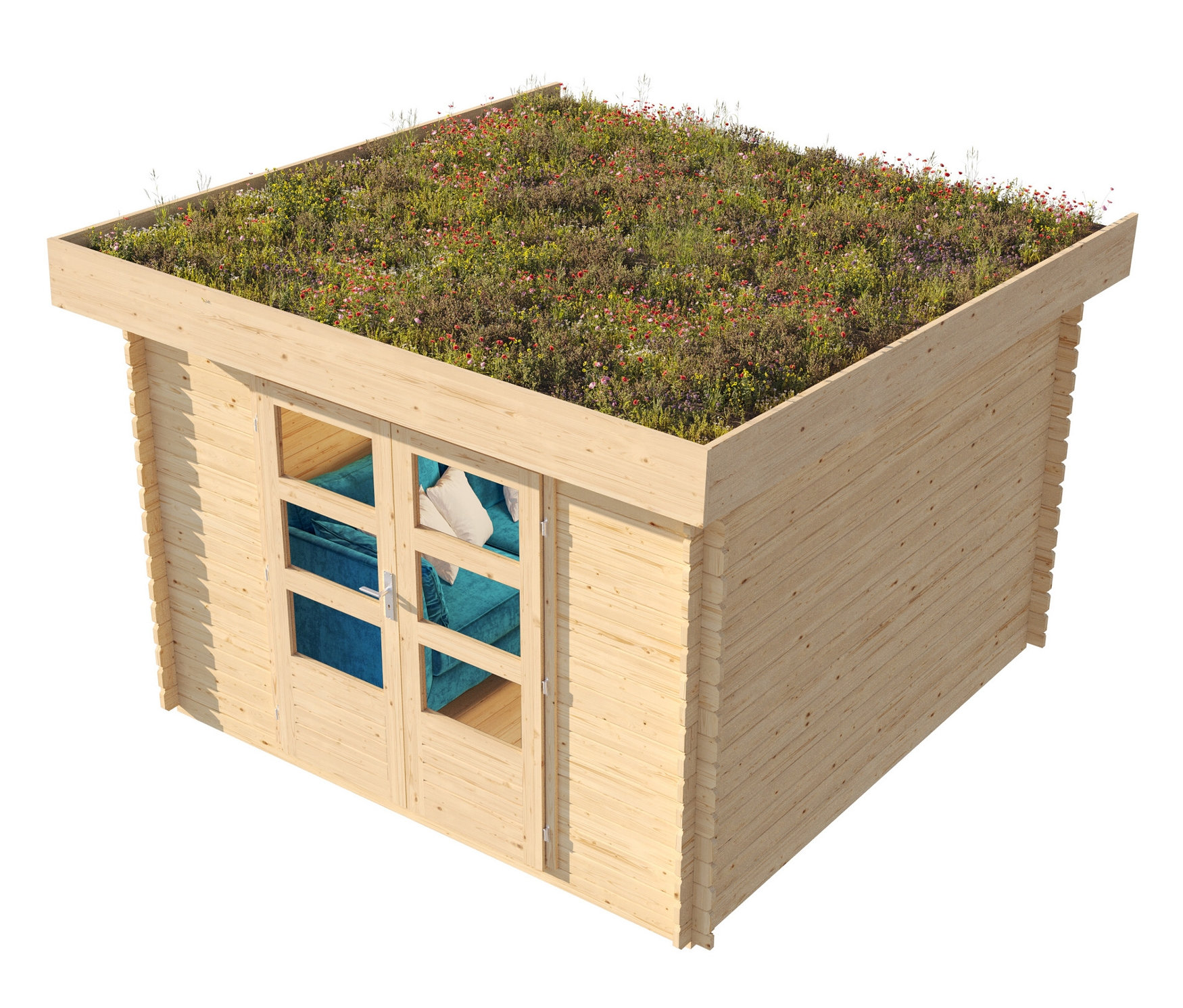 Karibu Gartenhaus mit bepflanzbarem Dach - 297x237x225cm - naturfarben - Fichtenholz / Glas