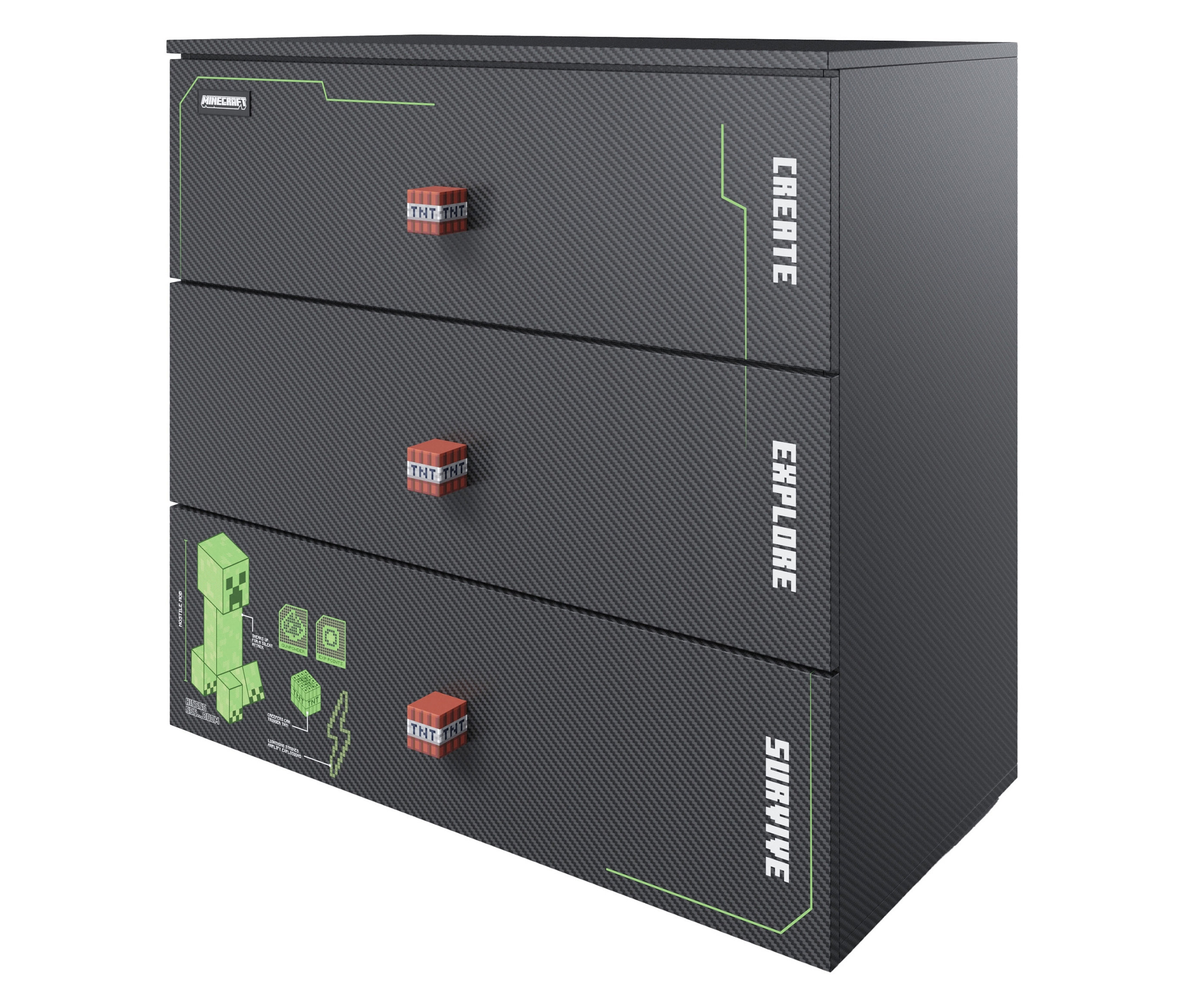 Roba Kommode »Minecraft« mit 3 Schubladen und LED-Beleuchtung - 80x39,5x77,1cm - schwarz - Holz / Holz