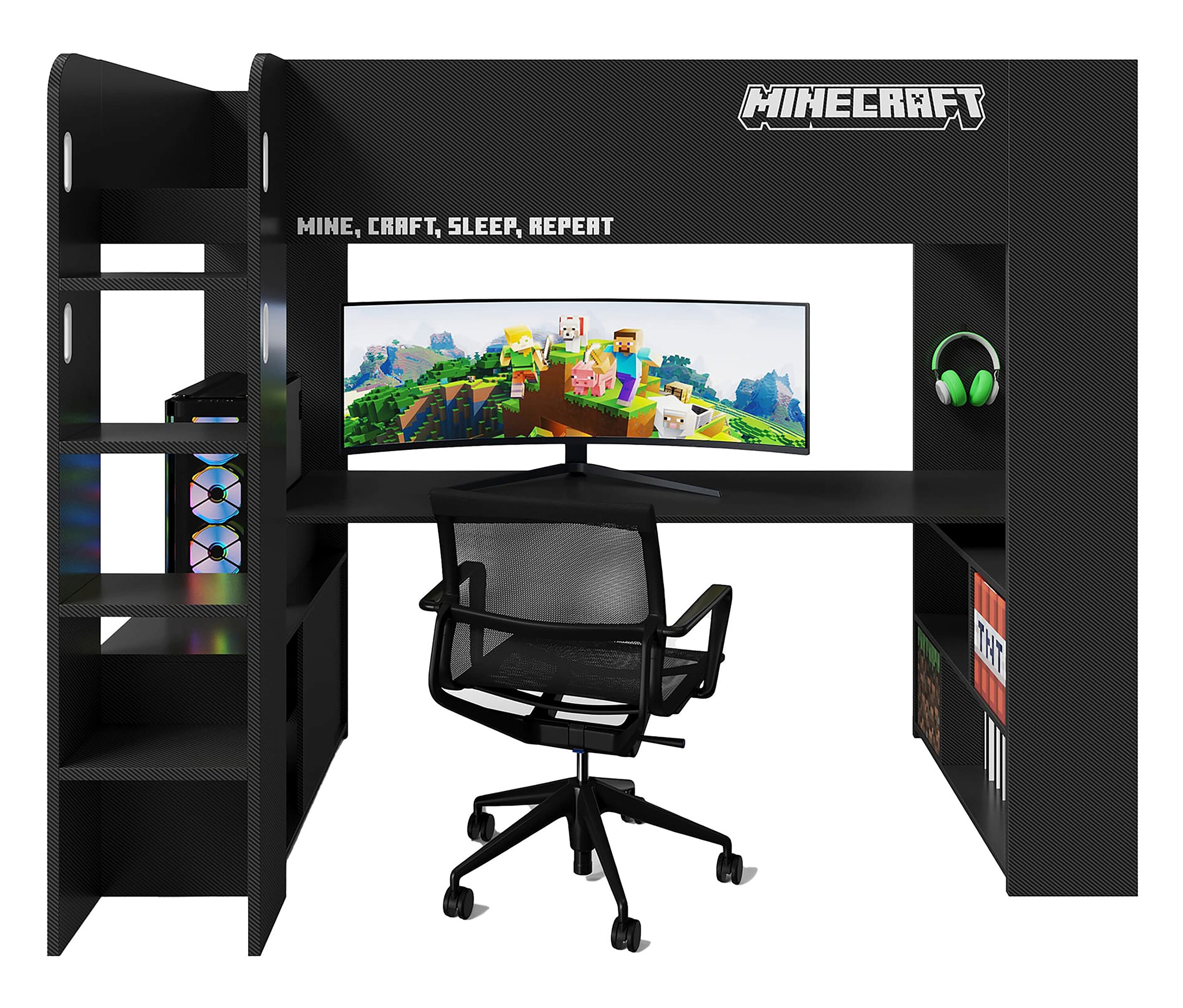 roba Minecraft Gaming-Bett mit Schreibtisch - 226,5x96x181cm - schwarz - Holz / Kunststoff