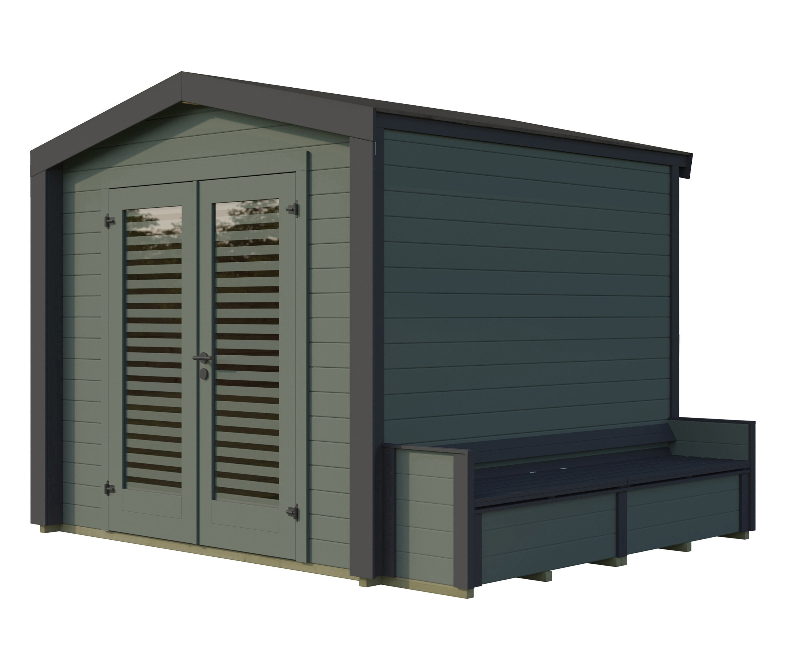 Weka Gartenhaus mit Sitzbank - 307x263x241cm - dunkelgrün - Fichtenholz / Glas