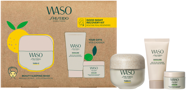Shiseido Waso Beauty Sleeping Mask Set = Yuzu-C Beauty Sleeping Mask 50 ml + Gel-to-Oil Cleanser 30 ml + Mega Hydrating Moisturizer 15 ml