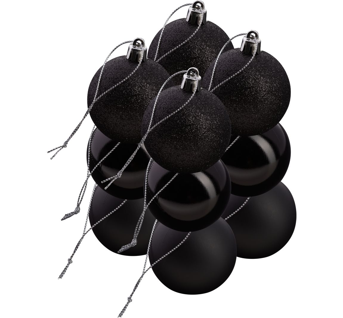 Weihnachtskugeln aus Kunststoff, 12 Stück - Schwarz