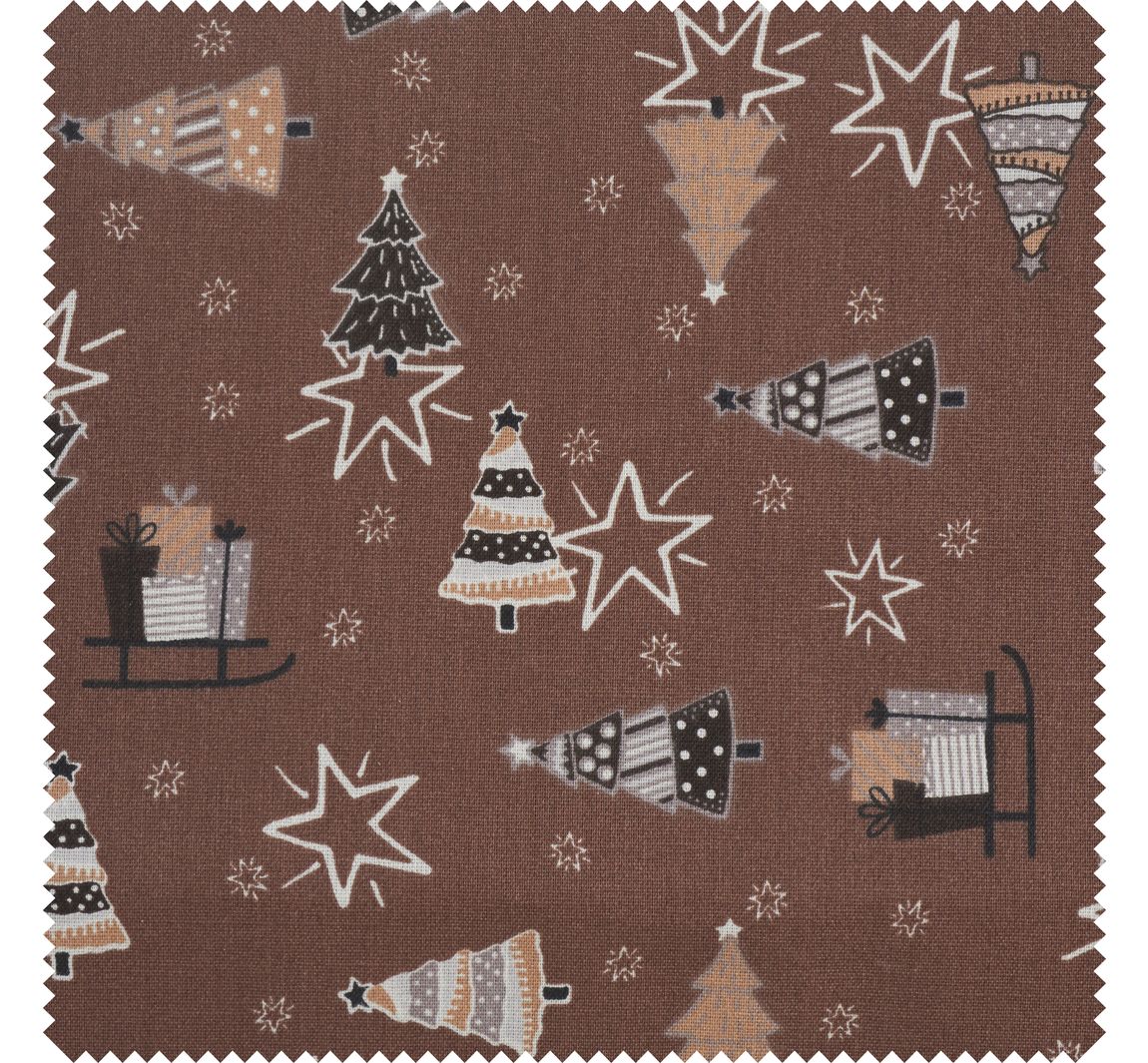 Baumwoll-Stoff 'Tannen, Sterne und Geschenke' - Graubraun