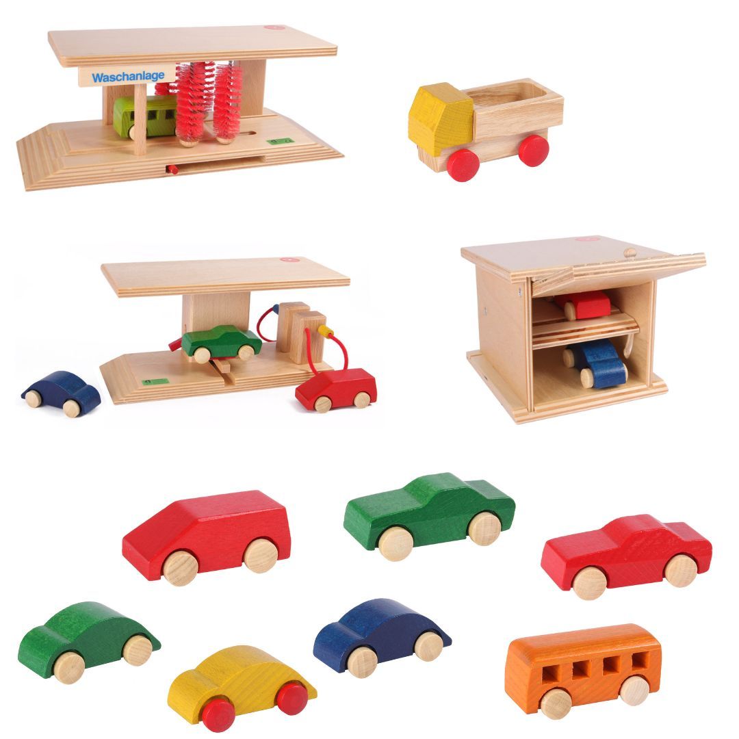Set Tankstelle, Waschanlage, Garage, 8 Fahrzeuge, Beck Holzspielzeug.