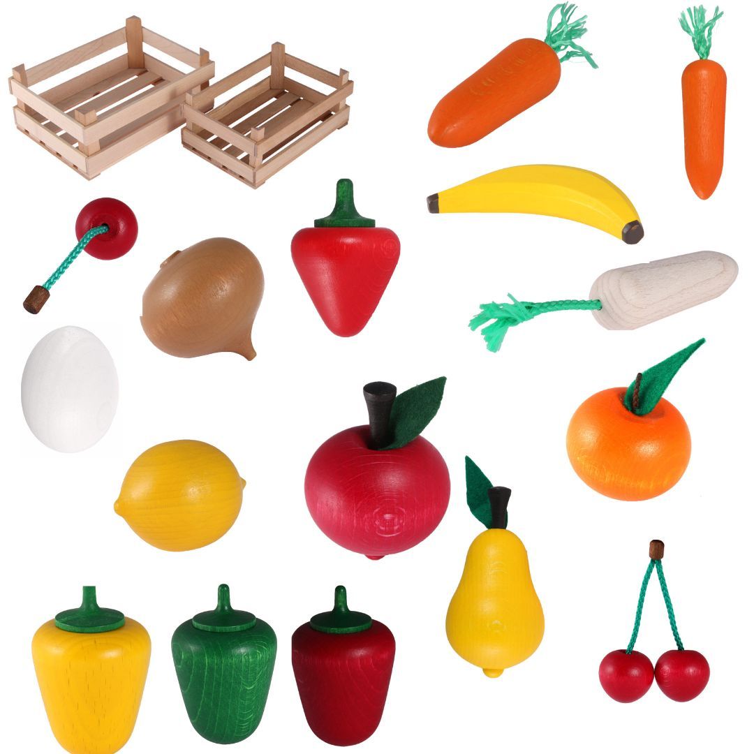 Set Holzgemüse und Holzobst mit Obsteigen, Beck Holzspielzeug.