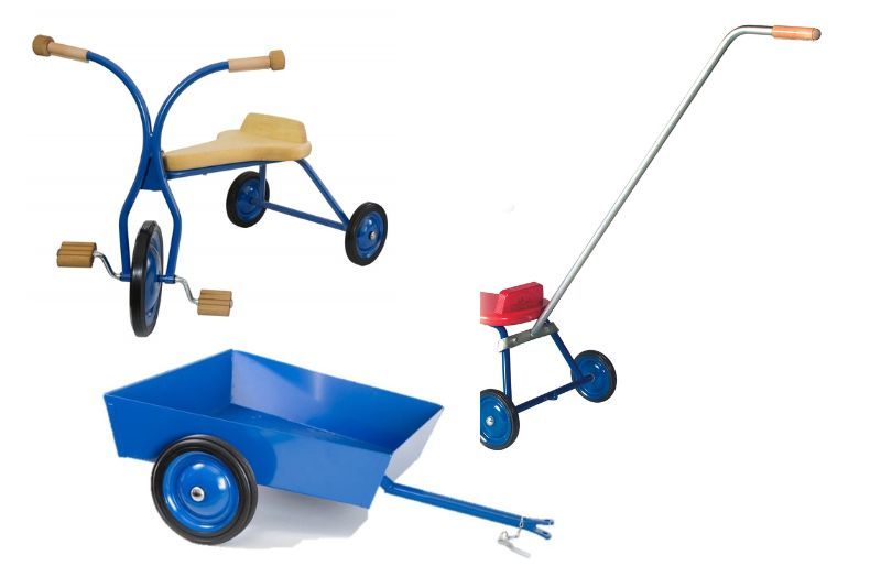 Set Metall-Kinderdreirad mit Anhänger blau, Schiebestange, ab 3 Jahren Lauten...