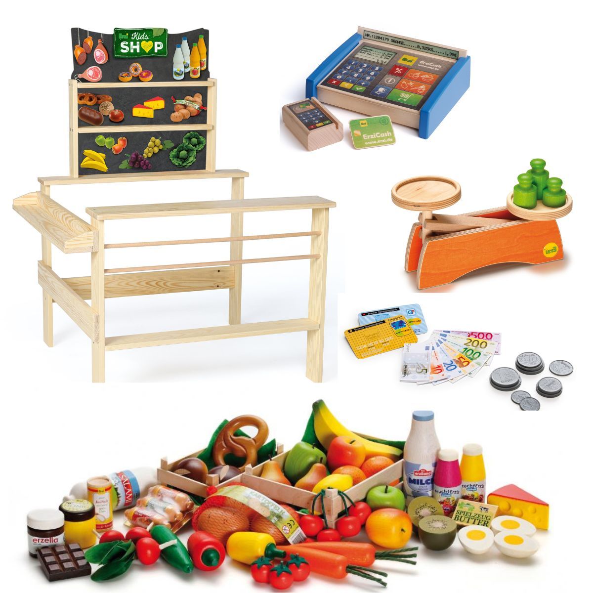 Holzspielzeug Kaufmannsladen Set mit 138 teiligem Zubehör, Erzí