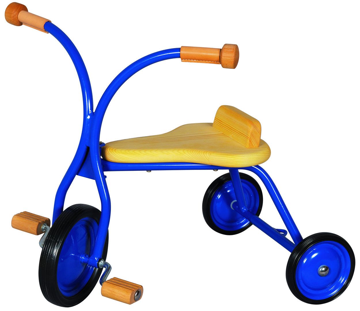 Klassisches Kinder-Metalldreirad blau, Holzsitz natur, ab 2 Jahren, Lautenbach.