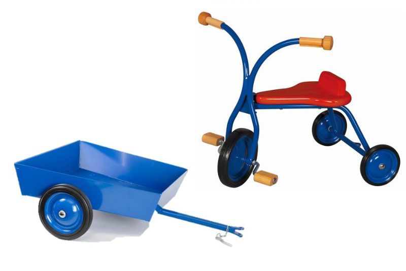 Metall Kinderdreirad mit Anhänger, ab 2. Holzsitz rot Ledergriffe, Lautenbach