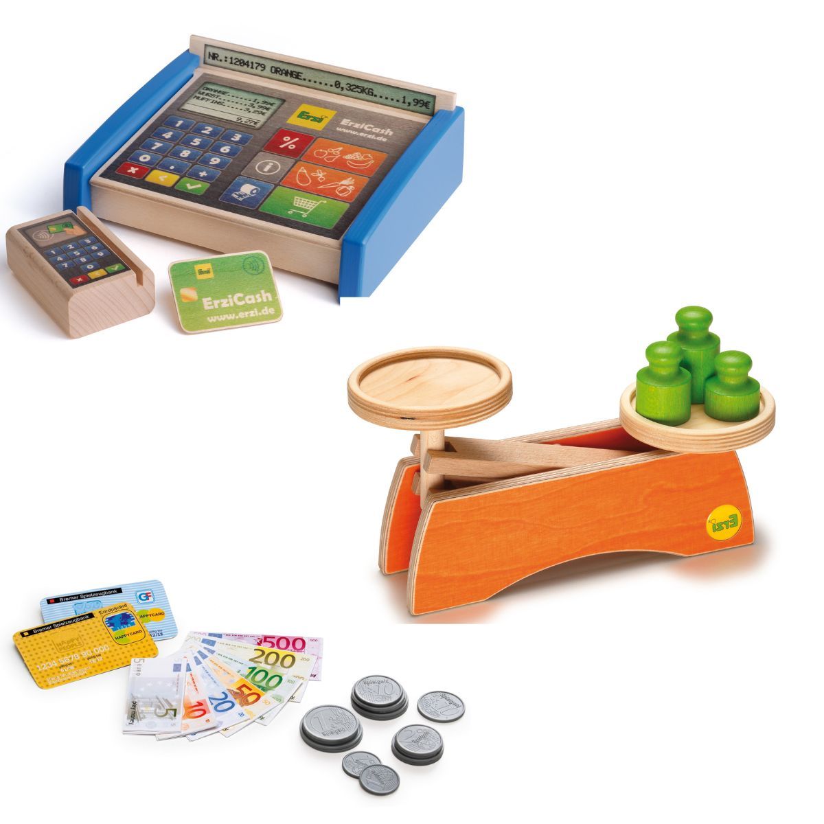 Kaufladen Zubehörset Kasse, Waage und Spielgeld Erzi