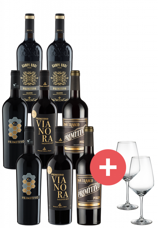 8er-Paket Primitivo Champions inkl. 2er Set Schott-Zwiesel Gläser - Weinpakete