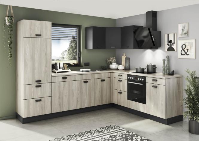 Einbauküche CORA 140 inkl E-Geräte und Einbauspüle ca. 285 x 225 cm von Burger Shell Oak-Nachbildung/ schwarz