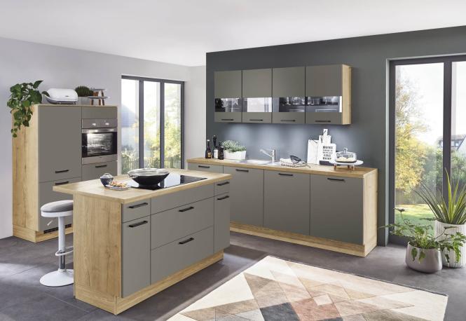 Einbauküche mit Insel Taupegrau / Eiche Sierra inkl. Hängeschränke