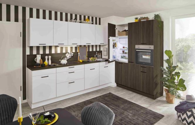 Einbauküche Cindy 245 inkl E-Geräte und Einbauspüle ca. 270 + 150 cm von Burger Seidenmatt Polarweiß / Coffee Oak NB