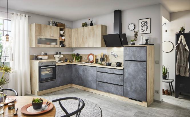 Einbauküche Amelie 155 inkl E-Geräte und Einbauspüle ca. 185 x 325 cm von Burger Kito Stahloptik / Grain hell