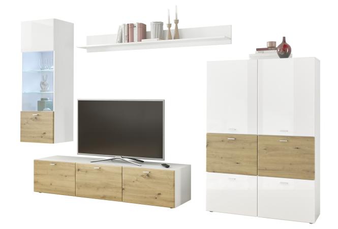 Anbauwand 4-tlg inkl. LED-Beleuchtung SARI-2 von HBZ Weiß / Artisan Eiche